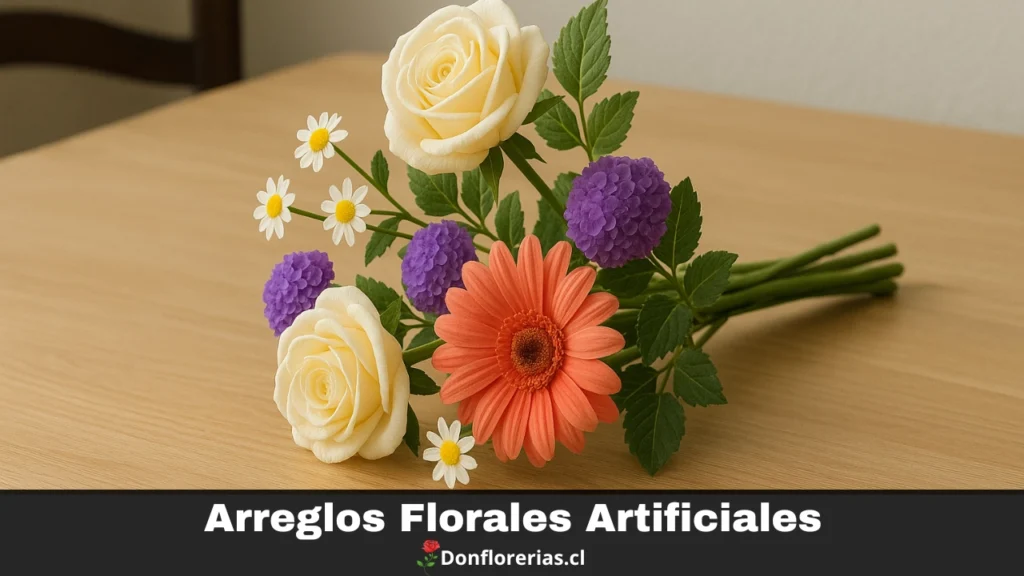 Ramo de flores artificiales con rosas crema, gerbera naranja, flores moradas tipo craspedia y margaritas pequeñas con centro amarillo, sobre una mesa de madera clara. Arreglo floral sintético decorativo, ideal para regalar o ambientar espacios con flores duraderas. Disponible con despacho a domicilio en Donflorerias.cl.