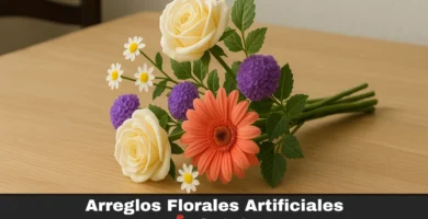 Ramo de flores artificiales con rosas crema, gerbera naranja, flores moradas tipo craspedia y margaritas pequeñas con centro amarillo, sobre una mesa de madera clara. Arreglo floral sintético decorativo, ideal para regalar o ambientar espacios con flores duraderas. Disponible con despacho a domicilio en Donflorerias.cl.