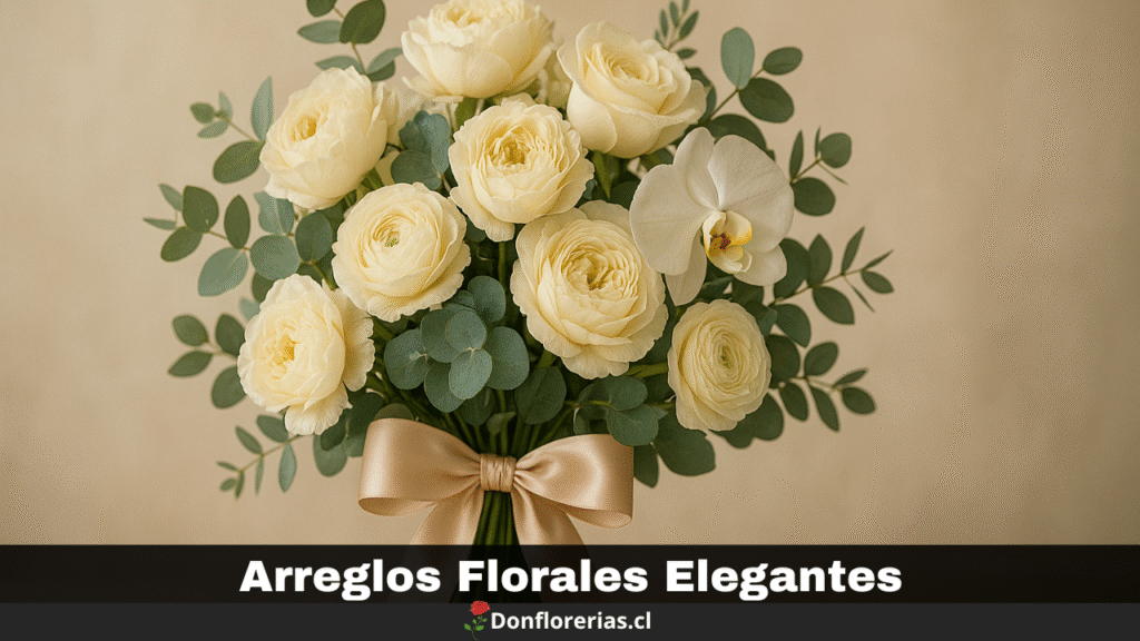 Ramo floral elegante con rosas crema, orquídea blanca y follaje de eucalipto, adornado con un lazo satinado beige, sobre fondo claro. Arreglo de flores finas ideal para celebraciones o decoración refinada. Disponible con despacho a domicilio en todo Chile desde Donflorerias.cl.