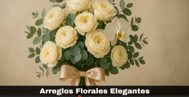Ramo floral elegante con rosas crema, orquídea blanca y follaje de eucalipto, adornado con un lazo satinado beige, sobre fondo claro. Arreglo de flores finas ideal para celebraciones o decoración refinada. Disponible con despacho a domicilio en todo Chile desde Donflorerias.cl.