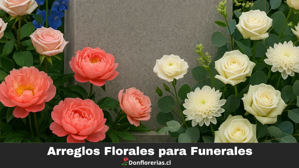 Arreglos florales para funerales con rosas blancas, dalias crema y peonías coral, dispuestas alrededor de una lápida gris. Composición floral solemne y delicada para homenajes funerarios, con servicio de despacho a domicilio en todo Chile a través de Donflorerias.cl.