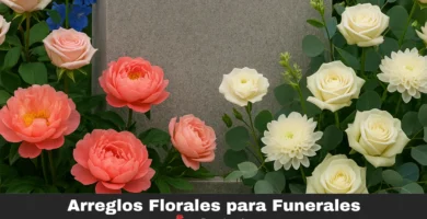 Arreglos florales para funerales con rosas blancas, dalias crema y peonías coral, dispuestas alrededor de una lápida gris. Composición floral solemne y delicada para homenajes funerarios, con servicio de despacho a domicilio en todo Chile a través de Donflorerias.cl.
