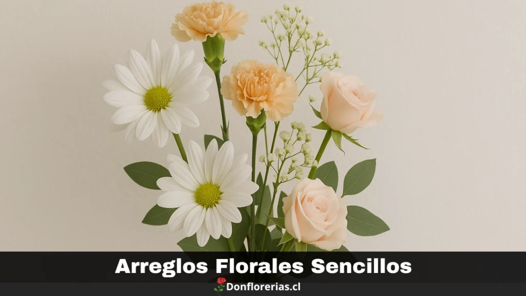 Arreglo floral sencillo con rosas crema, margaritas blancas y claveles color durazno, acompañado de hojas verdes y flores pequeñas blancas, sobre fondo claro. Arreglos florales simples, elegantes y frescos con opción de despacho a domicilio a todo Chile desde Donflorerias.cl.