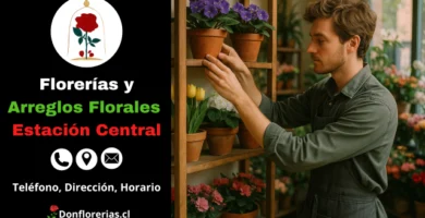 Florería en Estación Central con despacho a domicilio. Un florista acomoda cuidadosamente macetas con flores como violetas, tulipanes y plantas ornamentales en una estantería de madera. Tienda de arreglos florales en Estación Central con amplia variedad de plantas, atención personalizada y servicio de envío a domicilio para toda la comuna.