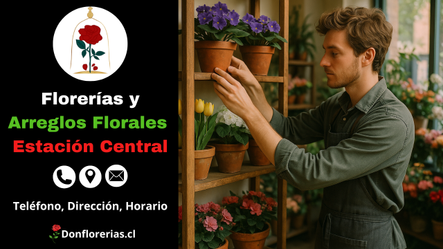 Florería en Estación Central con despacho a domicilio. Un florista acomoda cuidadosamente macetas con flores como violetas, tulipanes y plantas ornamentales en una estantería de madera. Tienda de arreglos florales en Estación Central con amplia variedad de plantas, atención personalizada y servicio de envío a domicilio para toda la comuna.