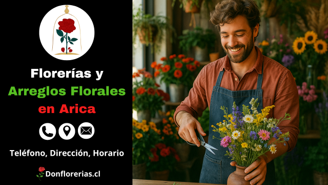 Floristería con despacho a domicilio en Arica. Un florista sonriente prepara un colorido ramo de flores silvestres en una tienda decorada con girasoles, rosas y plantas de interior. Tienda de arreglos florales con servicio de envío a domicilio en Arica. Especialistas en flores frescas y atención personalizada para todo tipo de ocasiones.