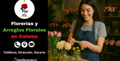 Florería con envío a domicilio en Calama. Una florista joven sonríe mientras acomoda un arreglo floral compuesto por flores amarillas y blancas en jarrones de vidrio. Al fondo se aprecian tulipanes rosados y una gran variedad de flores frescas. Floristería en Calama especializada en arreglos florales y despacho de flores a domicilio para toda ocasión.