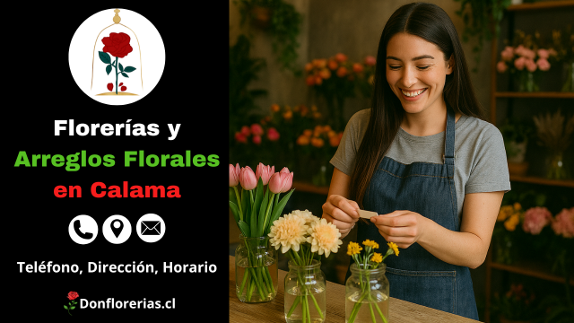 Florería con envío a domicilio en Calama. Una florista joven sonríe mientras acomoda un arreglo floral compuesto por flores amarillas y blancas en jarrones de vidrio. Al fondo se aprecian tulipanes rosados y una gran variedad de flores frescas. Floristería en Calama especializada en arreglos florales y despacho de flores a domicilio para toda ocasión.