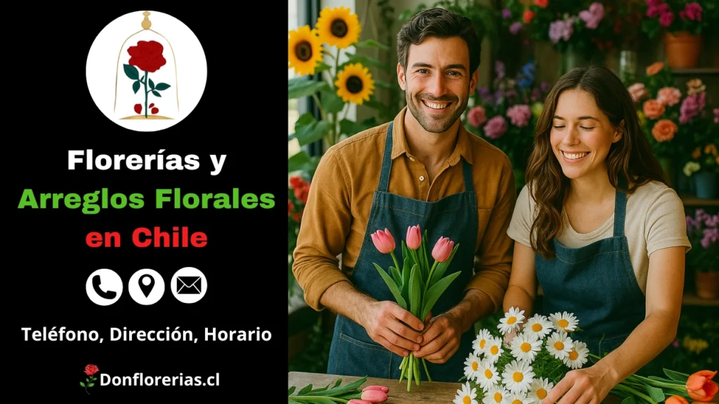 Florerías en Chile con despacho a domicilio. Dos floristas sonrientes preparan arreglos florales con tulipanes rosados y margaritas blancas en una tienda decorada con flores naturales como girasoles, hortensias y rosas. Floristerías en Chile con servicio de envío a domicilio, atención personalizada y ramos frescos para cada ciudad.