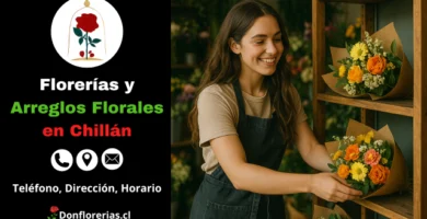 Tienda de flores con servicio de despacho a domicilio en Chillán. Una florista sonriente acomoda un ramo de flores envuelto en papel kraft en una repisa de madera. La floristería está llena de coloridos arreglos florales con margaritas, rosas, crisantemos y follaje verde. Florería en Chillán con entrega a domicilio y atención personalizada para todo tipo de celebraciones.