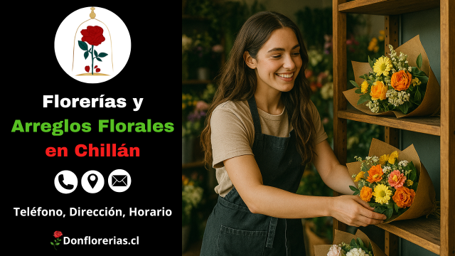 Tienda de flores con servicio de despacho a domicilio en Chillán. Una florista sonriente acomoda un ramo de flores envuelto en papel kraft en una repisa de madera. La floristería está llena de coloridos arreglos florales con margaritas, rosas, crisantemos y follaje verde. Florería en Chillán con entrega a domicilio y atención personalizada para todo tipo de celebraciones.