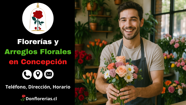 Floristería en Concepción con despacho a domicilio. Un florista sonriente sostiene un ramo compuesto por rosas color durazno, margaritas blancas y flores púrpuras, dentro de una tienda llena de arreglos florales. Local especializado en flores frescas, atención personalizada y servicio de entrega de flores en Concepción.