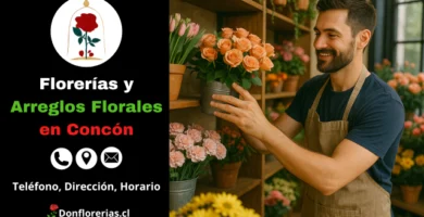 Florería en Concón con despacho a domicilio. Un florista acomoda una maceta con rosas naranjas sobre una repisa de madera, rodeado de otros arreglos florales como tulipanes, claveles y girasoles. Local especializado en arreglos florales frescos, servicio de envío a domicilio y atención personalizada en Concón.