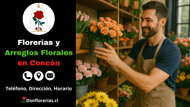 Florería en Concón con despacho a domicilio. Un florista acomoda una maceta con rosas naranjas sobre una repisa de madera, rodeado de otros arreglos florales como tulipanes, claveles y girasoles. Local especializado en arreglos florales frescos, servicio de envío a domicilio y atención personalizada en Concón.