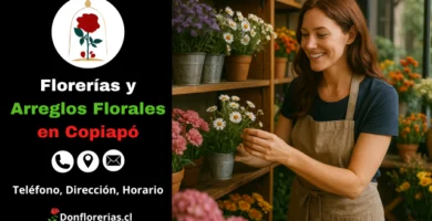 Floristería en Copiapó con servicio de despacho a domicilio. Una florista sonriente acomoda una maceta con margaritas blancas en una repisa de madera, rodeada de otras flores como crisantemos rosados y violetas. Local de arreglos florales frescos con atención personalizada y entrega a domicilio en la ciudad de Copiapó.