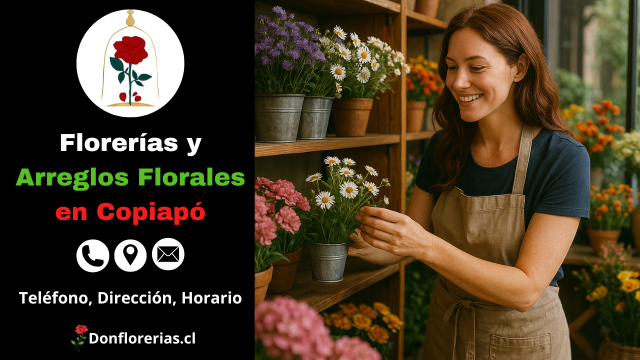 Floristería en Copiapó con servicio de despacho a domicilio. Una florista sonriente acomoda una maceta con margaritas blancas en una repisa de madera, rodeada de otras flores como crisantemos rosados y violetas. Local de arreglos florales frescos con atención personalizada y entrega a domicilio en la ciudad de Copiapó.