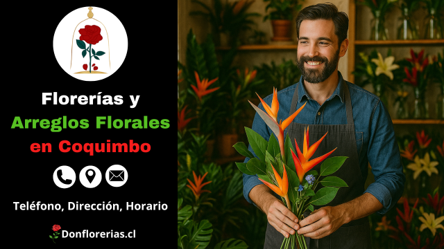 Florería en Coquimbo con servicio de despacho a domicilio. Un florista sonriente sostiene un exótico ramo de aves del paraíso en una tienda decorada con plantas verdes y arreglos florales tropicales. Floristería especializada en arreglos únicos, atención personalizada y entrega a domicilio en la ciudad de Coquimbo.