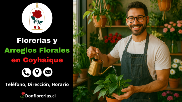 Florería en Coyhaique con despacho a domicilio. Un florista sonriente riega una planta en maceta dentro de una tienda llena de flores y plantas verdes. Floristería en Coyhaique con gran variedad de arreglos florales, atención personalizada y servicio de envío a domicilio. Ideal para decorar espacios o regalar naturaleza viva.
