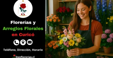 Floristería en Curicó con servicio de envío a domicilio. Una florista sonriente sostiene un ramo con margaritas amarillas, rosas en tonos pastel y flores blancas, en una tienda llena de coloridas plantas y arreglos florales. Florería en Curicó especializada en atención personalizada, decoración con flores frescas y despacho floral a domicilio.