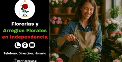Florería en Independencia con despacho a domicilio. Una florista sonriente riega una planta verde en una maceta, rodeada de flores como hortensias y crisantemos en una tienda acogedora. Floristería en Independencia con atención personalizada, venta de plantas ornamentales y servicio de entrega floral a domicilio para toda la comuna.