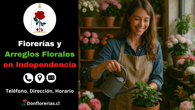 Florería en Independencia con despacho a domicilio. Una florista sonriente riega una planta verde en una maceta, rodeada de flores como hortensias y crisantemos en una tienda acogedora. Floristería en Independencia con atención personalizada, venta de plantas ornamentales y servicio de entrega floral a domicilio para toda la comuna.