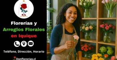 Florería en Iquique con despacho a domicilio. Una florista sonriente sostiene un clavel rosado mientras trabaja en un mostrador rodeado de tulipanes, margaritas y rosas. Floristería en Iquique con atención cercana, amplia variedad de arreglos florales y servicio de entrega a domicilio para toda ocasión.