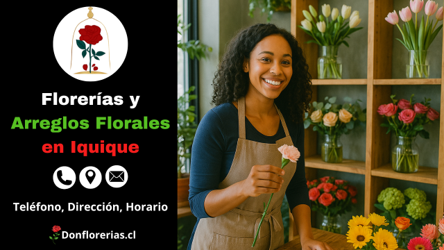 Florería en Iquique con despacho a domicilio. Una florista sonriente sostiene un clavel rosado mientras trabaja en un mostrador rodeado de tulipanes, margaritas y rosas. Floristería en Iquique con atención cercana, amplia variedad de arreglos florales y servicio de entrega a domicilio para toda ocasión.