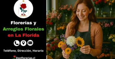 Floristería en La Florida con servicio de despacho a domicilio. Una florista sonriente sostiene un ramo colorido con girasoles, crisantemos, flores moradas y blancas, mientras trabaja en una tienda decorada con arreglos florales frescos. Florería en La Florida con atención personalizada, venta de flores naturales y entrega a domicilio para todo tipo de ocasiones.