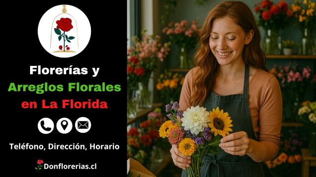 Floristería en La Florida con servicio de despacho a domicilio. Una florista sonriente sostiene un ramo colorido con girasoles, crisantemos, flores moradas y blancas, mientras trabaja en una tienda decorada con arreglos florales frescos. Florería en La Florida con atención personalizada, venta de flores naturales y entrega a domicilio para todo tipo de ocasiones.