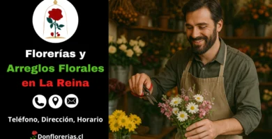 Florería en La Reina con despacho a domicilio. Un florista sonriente recorta flores blancas, rosadas y lilas en un jarrón sobre el mostrador, en una tienda acogedora repleta de arreglos florales frescos. Floristería en La Reina con atención personalizada, gran variedad de flores naturales y servicio de envío a domicilio para toda la comuna.