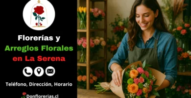 Florería en La Serena con envío a domicilio. Una florista sonriente prepara un ramo envuelto en papel kraft con rosas anaranjadas, flores rosadas y verdes, en una tienda decorada con arreglos frescos y plantas ornamentales. Floristería en La Serena con atención personalizada, entrega floral a domicilio y amplia variedad de flores naturales.
