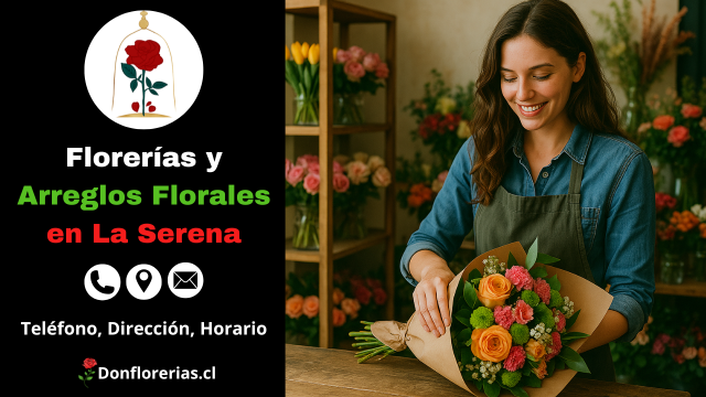 Florería en La Serena con envío a domicilio. Una florista sonriente prepara un ramo envuelto en papel kraft con rosas anaranjadas, flores rosadas y verdes, en una tienda decorada con arreglos frescos y plantas ornamentales. Floristería en La Serena con atención personalizada, entrega floral a domicilio y amplia variedad de flores naturales.