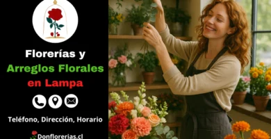 Floristería en Lampa con despacho a domicilio. Una florista sonriente organiza ramas de eucalipto sobre un arreglo floral compuesto por rosas anaranjadas, flores rosadas y blancas, en una tienda decorada con plantas y flores frescas. Florería en Lampa con atención personalizada, venta de arreglos florales y servicio de entrega a domicilio.