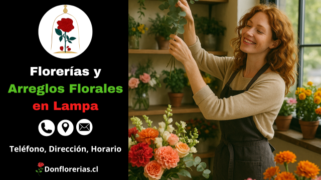Floristería en Lampa con despacho a domicilio. Una florista sonriente organiza ramas de eucalipto sobre un arreglo floral compuesto por rosas anaranjadas, flores rosadas y blancas, en una tienda decorada con plantas y flores frescas. Florería en Lampa con atención personalizada, venta de arreglos florales y servicio de entrega a domicilio.