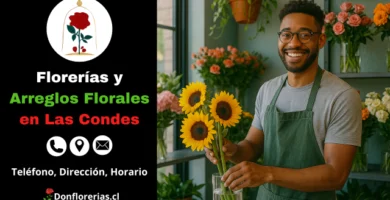 Florería en Las Condes con despacho a domicilio. Un florista sonriente sostiene un ramo de girasoles frescos en una tienda decorada con flores naranjas, rosadas y plantas verdes. Floristería en Las Condes especializada en arreglos florales naturales, atención cercana y servicio de envío a domicilio para toda la comuna.