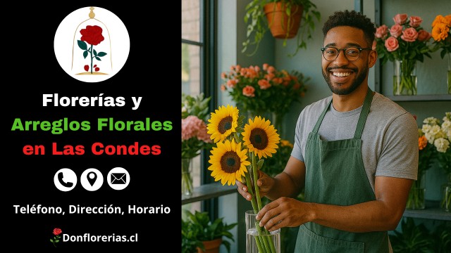 Florería en Las Condes con despacho a domicilio. Un florista sonriente sostiene un ramo de girasoles frescos en una tienda decorada con flores naranjas, rosadas y plantas verdes. Floristería en Las Condes especializada en arreglos florales naturales, atención cercana y servicio de envío a domicilio para toda la comuna.