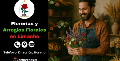 Florería en Limache con despacho a domicilio. Un florista sonriente sostiene un ramo silvestre compuesto por flores lilas, amarillas, blancas y rojas en una tienda decorada con plantas naturales y arreglos florales. Floristería en Limache con atención cercana, venta de flores frescas y servicio de envío a domicilio en toda la zona.