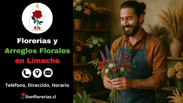 Florería en Limache con despacho a domicilio. Un florista sonriente sostiene un ramo silvestre compuesto por flores lilas, amarillas, blancas y rojas en una tienda decorada con plantas naturales y arreglos florales. Floristería en Limache con atención cercana, venta de flores frescas y servicio de envío a domicilio en toda la zona.