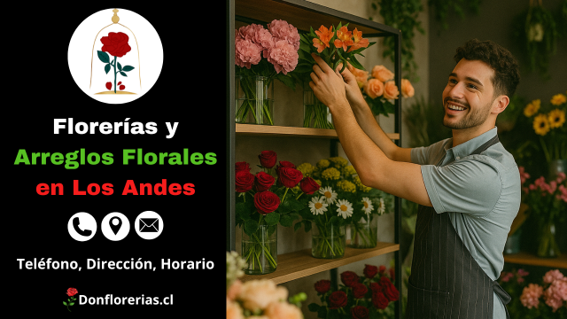 Florería en Los Andes con despacho a domicilio. Un florista sonriente organiza flores en una repisa de madera, rodeado de rosas, margaritas y claveles en una tienda llena de arreglos florales frescos. Floristería en Los Andes con atención personalizada, flores naturales y servicio de entrega a domicilio para toda la comuna.
