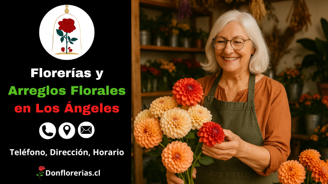 Florería en Los Ángeles con despacho a domicilio. Una florista mayor, sonriente, sostiene un ramo de dalias en tonos anaranjados y rosados dentro de una tienda decorada con flores frescas, macetas y plantas secas colgantes. Floristería en Los Ángeles con atención personalizada, arreglos florales naturales y servicio de entrega a domicilio para toda ocasión.