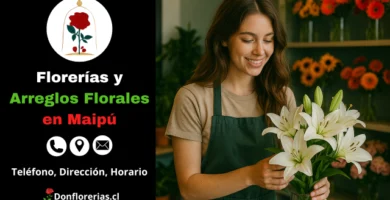 Floristería en Maipú con envío a domicilio. Una florista joven acomoda lirios blancos en un florero de vidrio, rodeada de flores como gerberas y rosas en una tienda elegante y colorida. Florería en Maipú con atención personalizada, arreglos florales frescos y servicio de despacho a domicilio para toda la comuna.