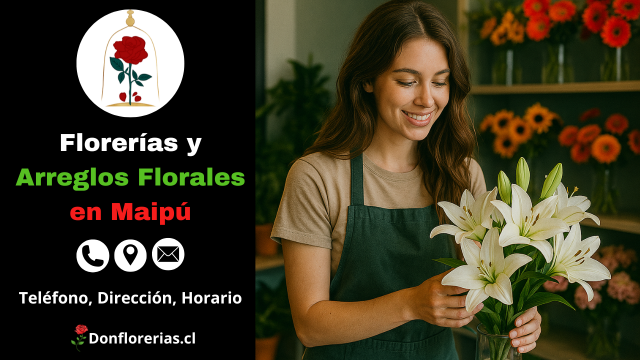 Floristería en Maipú con envío a domicilio. Una florista joven acomoda lirios blancos en un florero de vidrio, rodeada de flores como gerberas y rosas en una tienda elegante y colorida. Florería en Maipú con atención personalizada, arreglos florales frescos y servicio de despacho a domicilio para toda la comuna.