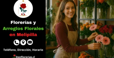 Florería en Melipilla con despacho a domicilio. Una florista sonriente acomoda gerberas rosadas en una vitrina de vidrio, rodeada de arreglos florales frescos como rosas, girasoles y tulipanes. Floristería en Melipilla con atención personalizada, flores naturales y servicio de entrega a domicilio para toda ocasión.