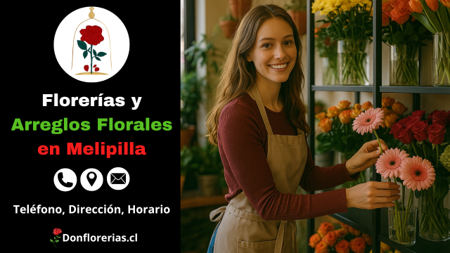 Florería en Melipilla con despacho a domicilio. Una florista sonriente acomoda gerberas rosadas en una vitrina de vidrio, rodeada de arreglos florales frescos como rosas, girasoles y tulipanes. Floristería en Melipilla con atención personalizada, flores naturales y servicio de entrega a domicilio para toda ocasión.