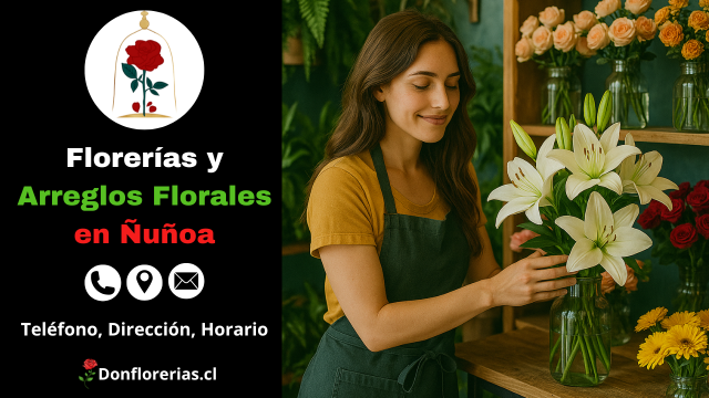 Florería en Ñuñoa con servicio de envío a domicilio. Una florista sonriente organiza lirios blancos en un jarrón de vidrio dentro de una tienda decorada con flores naturales como rosas, margaritas y peonías. Floristería en Ñuñoa con atención cercana, arreglos florales frescos y despacho a domicilio en toda la comuna.