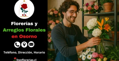 Florería en Osorno con despacho a domicilio. Un florista joven organiza un arreglo floral en un jarrón, compuesto por hortensias blancas, lirios naranjas y flores rosadas, dentro de una tienda decorada con plantas y flores frescas. Floristería en Osorno con atención personalizada, gran variedad de arreglos y servicio de envío a domicilio.
