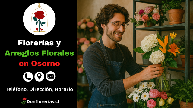 Florería en Osorno con despacho a domicilio. Un florista joven organiza un arreglo floral en un jarrón, compuesto por hortensias blancas, lirios naranjas y flores rosadas, dentro de una tienda decorada con plantas y flores frescas. Floristería en Osorno con atención personalizada, gran variedad de arreglos y servicio de envío a domicilio.