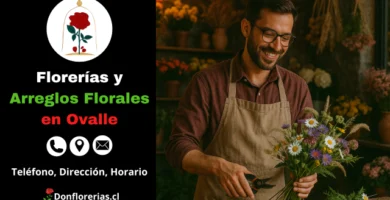 Florería en Ovalle con despacho a domicilio. Un florista sonriente recorta los tallos de un ramo silvestre compuesto por margaritas, flores moradas y follaje verde en una tienda decorada con arreglos naturales. Floristería en Ovalle con atención personalizada, arreglos florales frescos y servicio de entrega a domicilio para toda ocasión.