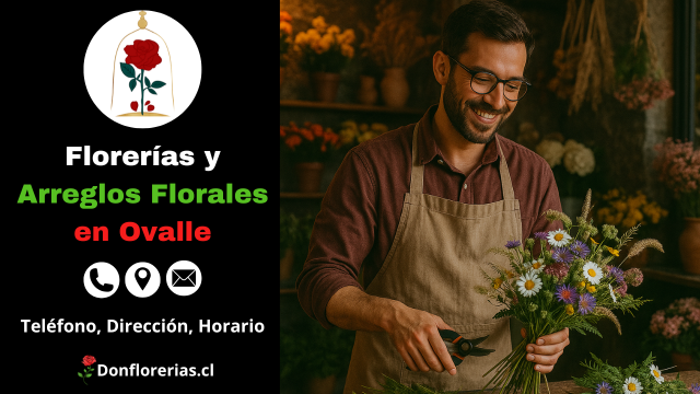 Florería en Ovalle con despacho a domicilio. Un florista sonriente recorta los tallos de un ramo silvestre compuesto por margaritas, flores moradas y follaje verde en una tienda decorada con arreglos naturales. Floristería en Ovalle con atención personalizada, arreglos florales frescos y servicio de entrega a domicilio para toda ocasión.