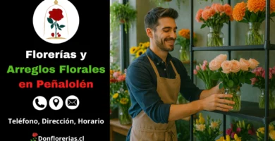 Florería en Peñalolén con despacho a domicilio. Un florista sonriente coloca un florero con rosas color durazno en un estante de vidrio, rodeado de flores frescas como gerberas, tulipanes y margaritas. Floristería en Peñalolén con atención personalizada, arreglos florales naturales y servicio de envío a domicilio.